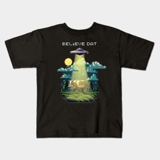 Pixel UFO Abducting Cow Kids T-Shirt